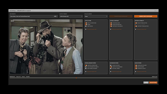 Restored and colorized film frame of three people on the telephone in the Job Settings preview